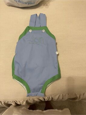 Little English Light Blue and Green Jon Monogram One-Piece